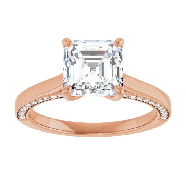 Asscher Rose Gold Solitaire & Hidden Diamond Band Engagement Ring