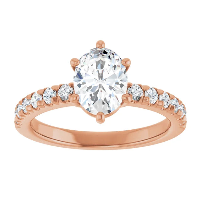 Oval Six Claw Pave Rose Gold Engagement Ring 