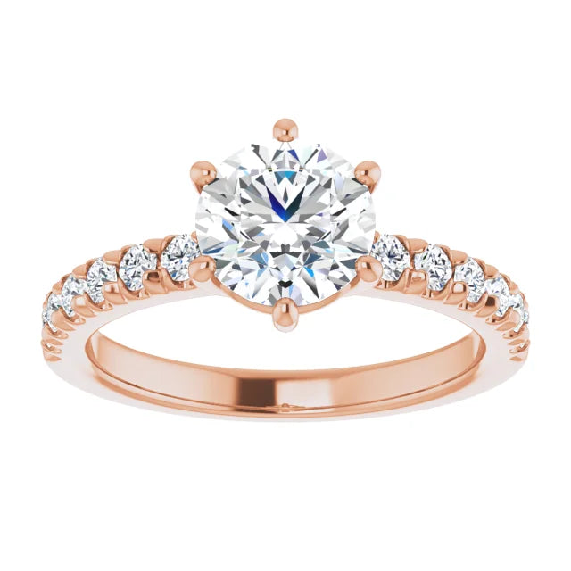 Round Brilliant Six Claw Pave Rose Gold Engagement Ring 