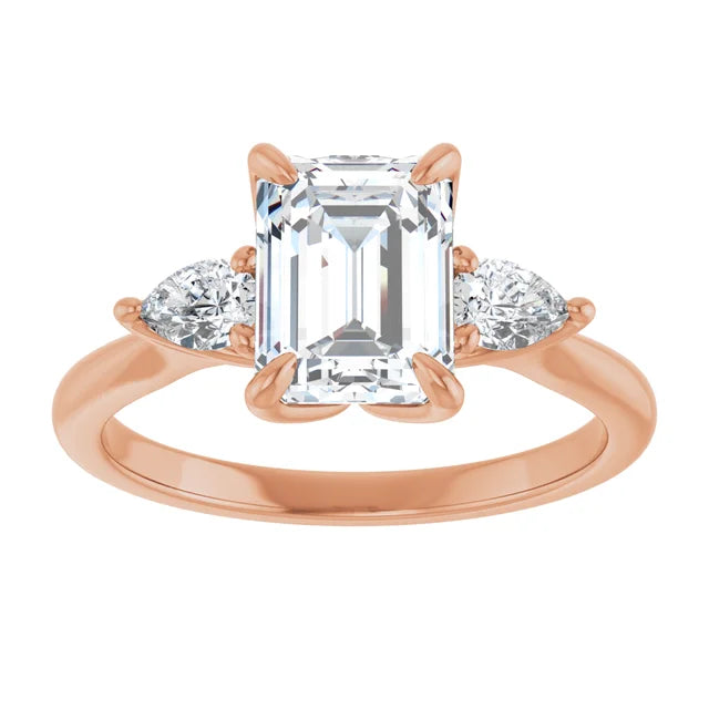 Emerald Rose Gold Tri -Stone Style Pear Accent Engagement Ring