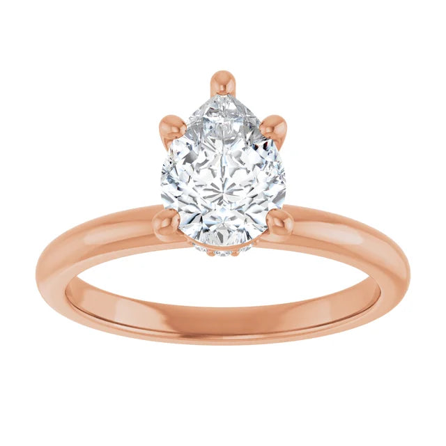 Pear Cut Rose Gold Low Hidden Halo Solitaire Engagement Ring