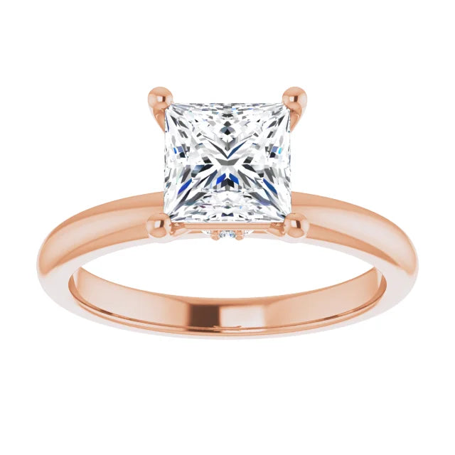 Princess Cut Rose Gold Low Hidden Halo Solitaire Engagement Ring