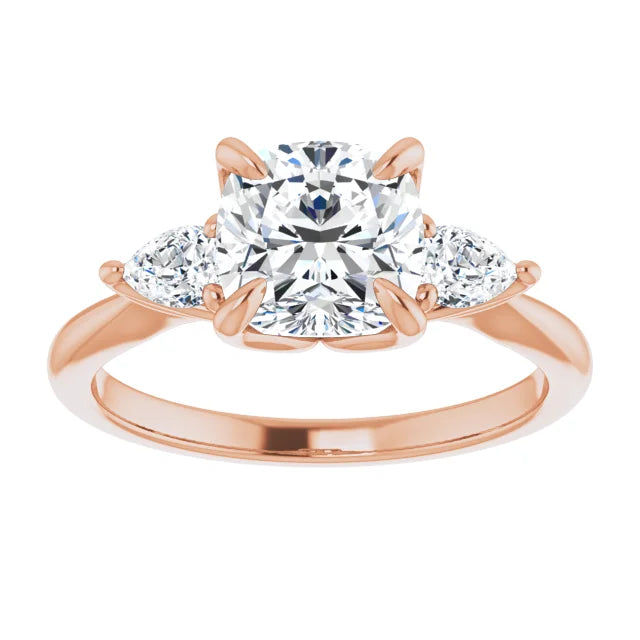 Cushion Rose Gold Tri -Stone Style Pear Accent Engagement Ring