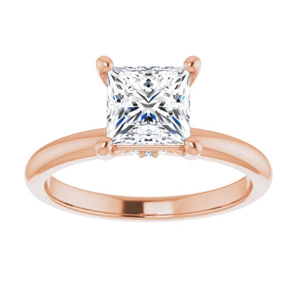 Princess Cut Rose Gold Low Hidden Halo Solitaire Engagement Ring