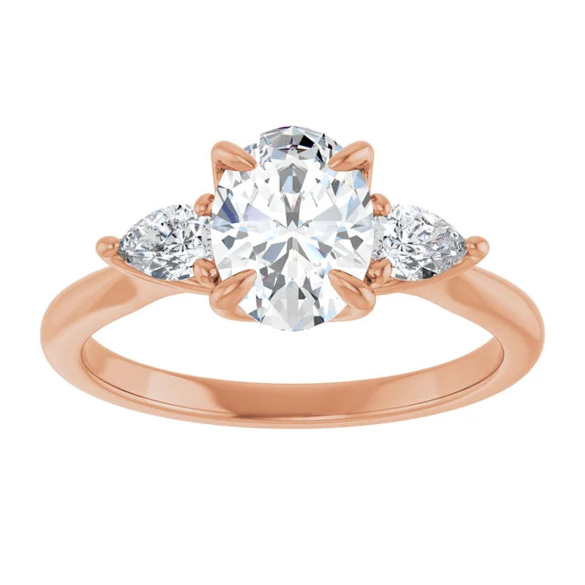 Oval Rose Gold Tri -Stone Style Pear Accent Engagement Ring