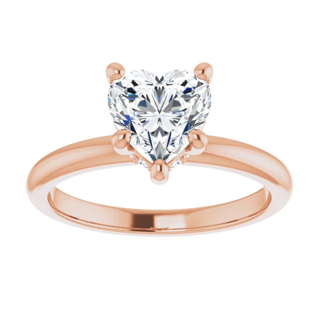 Heart Cut Rose Gold Low Hidden Halo Solitaire Engagement Ring