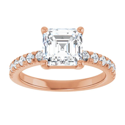 Asscher Four Claw Pave Rose Gold Engagement Ring 