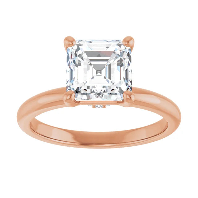 Asscher Cut Rose Gold Low Hidden Halo Solitaire Engagement Ring