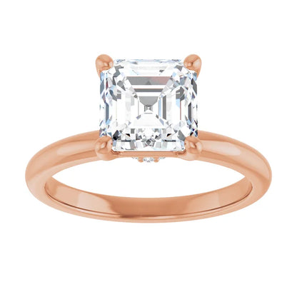 Asscher Cut Rose Gold Low Hidden Halo Solitaire Engagement Ring