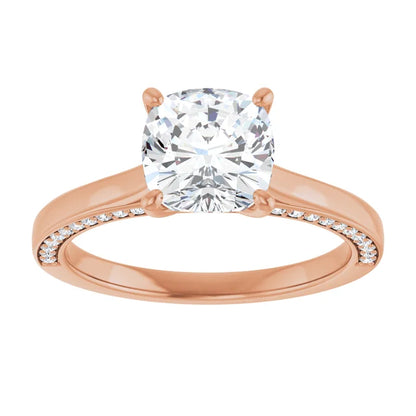 Cushion Rose Gold Solitaire & Hidden Diamond Band Engagement Ring