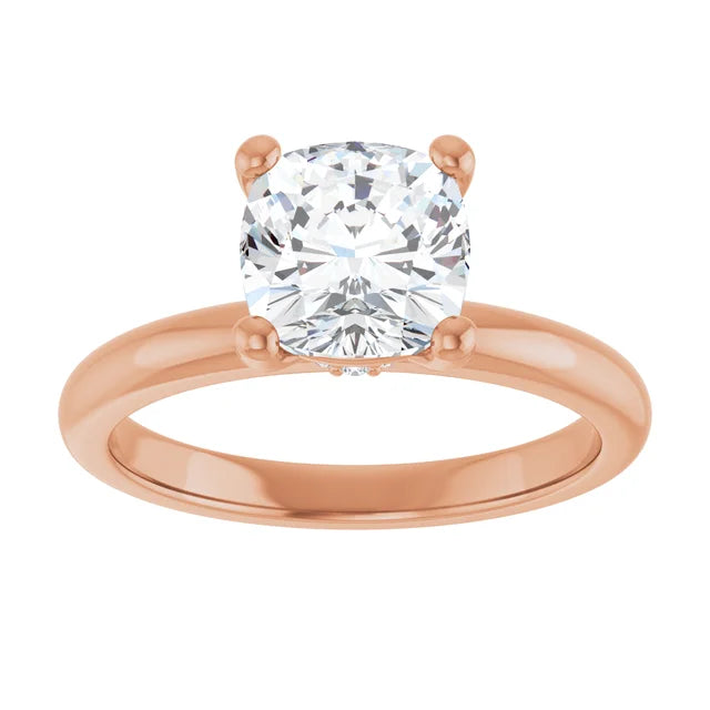 Cushion Cut Rose Gold Low Hidden Halo Solitaire Engagement Ring