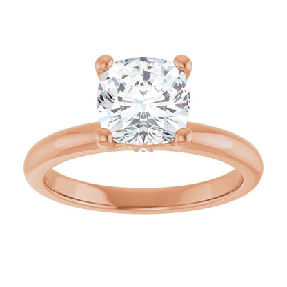 Cushion Cut Rose Gold Low Hidden Halo Solitaire Engagement Ring