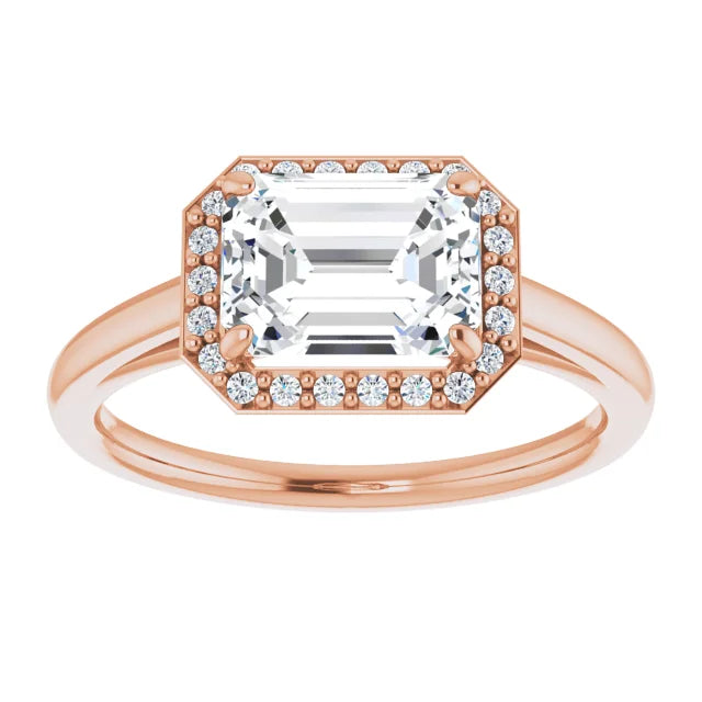 Emerald Rose Gold East West Halo Style Engagement Ring