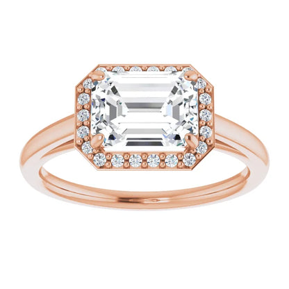 Emerald Rose Gold East West Halo Style Engagement Ring