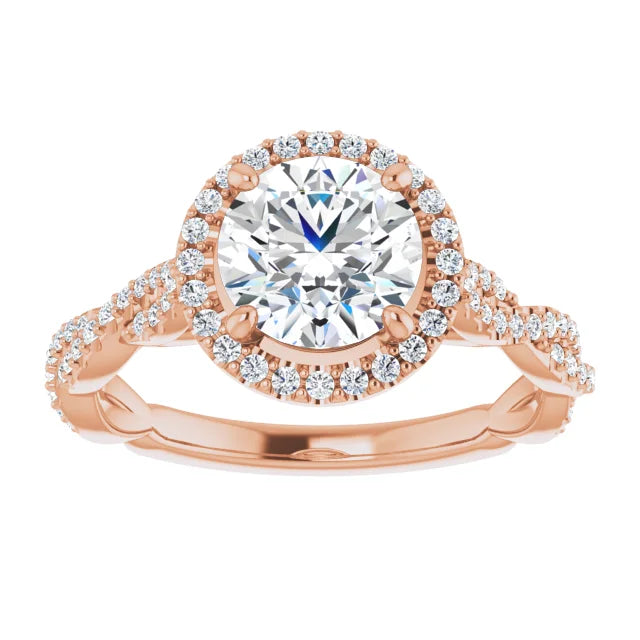 Round Brilliant Rose Gold Halo Twist Pave Moissanite Engagement Ring 