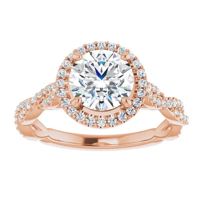 Round Brilliant Rose Gold Halo Twist Pave Moissanite Engagement Ring 