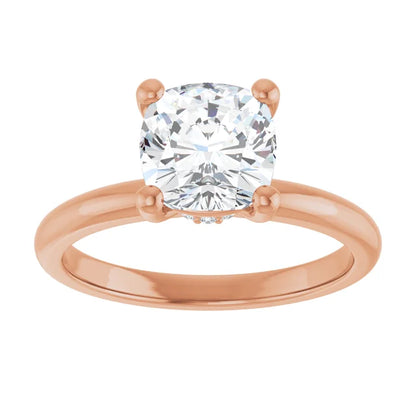 Cushion Cut Rose Gold Low Hidden Halo Solitaire Engagement Ring