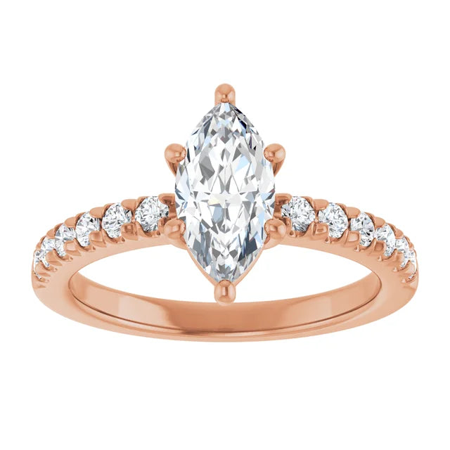 Marquise Six Claw Pave Rose Gold Engagement Ring 
