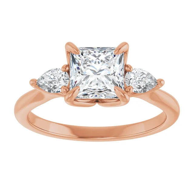 Princess Rose Gold Tri -Stone Style Pear Accent Engagement Ring