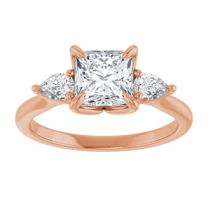Princess Rose Gold Tri -Stone Style Pear Accent Engagement Ring