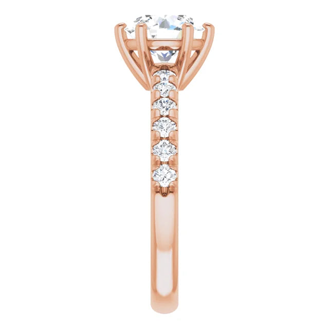 Round Brilliant Six Claw Pave Rose Gold Engagement Ring 