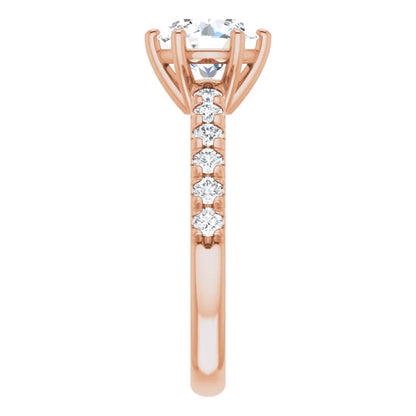 Round Brilliant Six Claw Pave Rose Gold Engagement Ring 