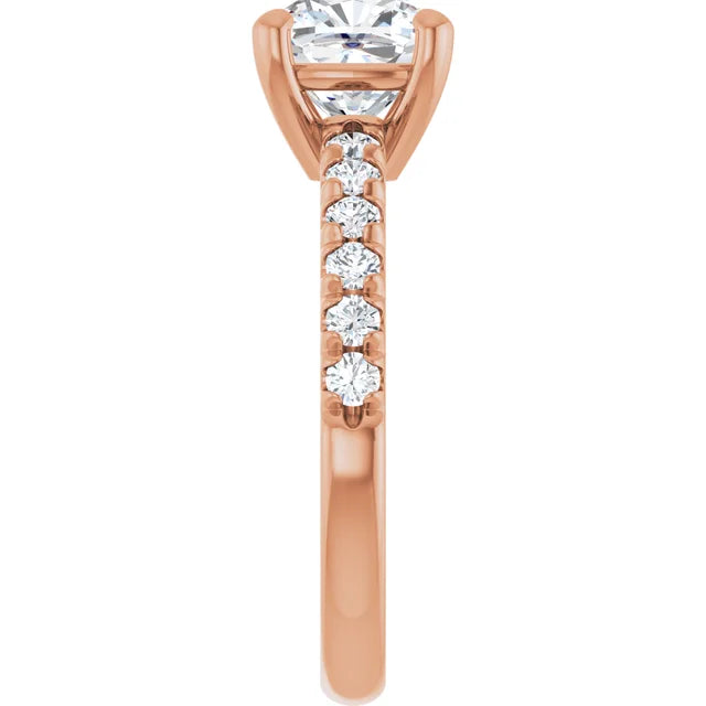Cushion Four Claw Pave Rose Gold Engagement Ring 