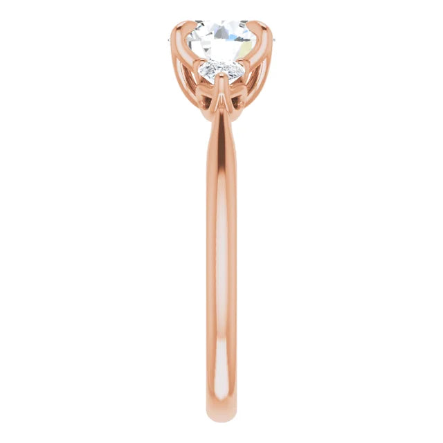 Round Brilliant Rose Gold Tri -Stone Style Pear Accent Engagement Ring