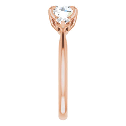 Round Brilliant Rose Gold Tri -Stone Style Pear Accent Engagement Ring