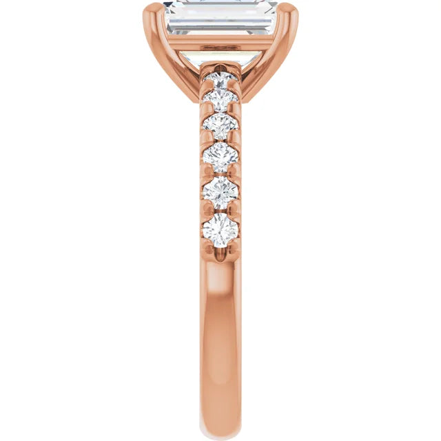 Emerald Four Claw Pave Rose Gold Engagement Ring 