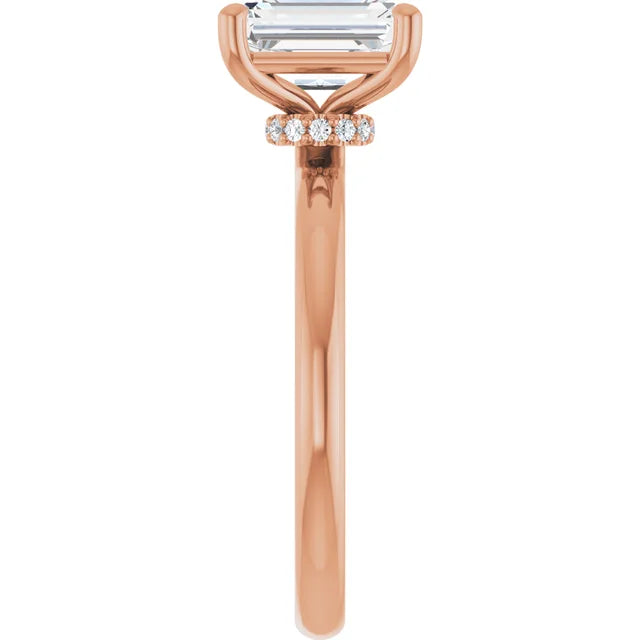 Emerald Cut Rose Gold Low Hidden Halo Solitaire Engagement Ring