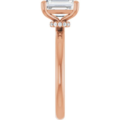 Emerald Cut Rose Gold Low Hidden Halo Solitaire Engagement Ring
