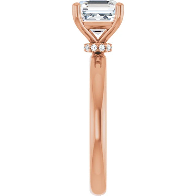 Asscher Cut Rose Gold Low Hidden Halo Solitaire Engagement Ring