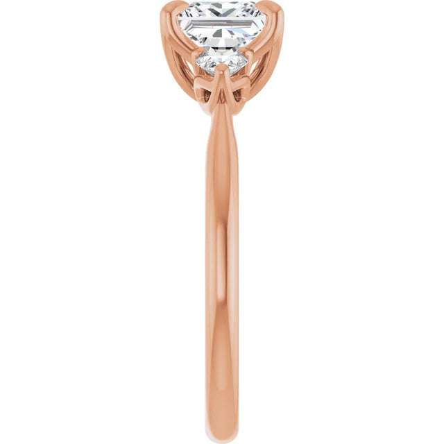 Princess Rose Gold Tri -Stone Style Pear Accent Engagement Ring