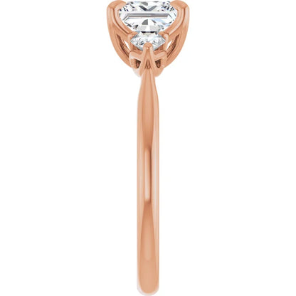 Princess Rose Gold Tri -Stone Style Pear Accent Engagement Ring