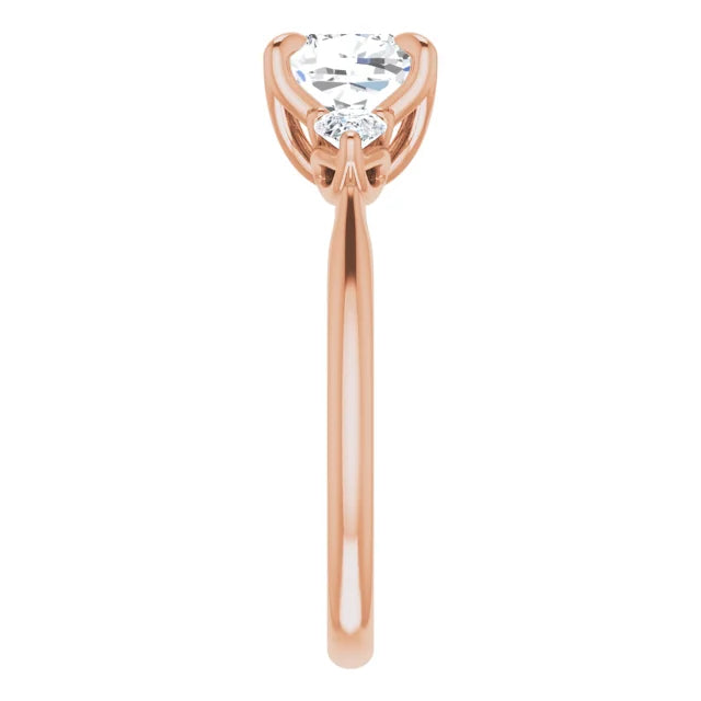 Cushion Rose Gold Tri -Stone Style Pear Accent Engagement Ring