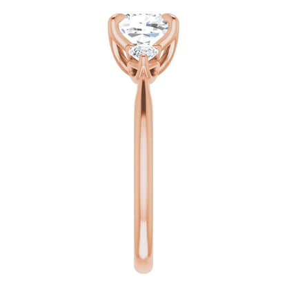 Cushion Rose Gold Tri -Stone Style Pear Accent Engagement Ring