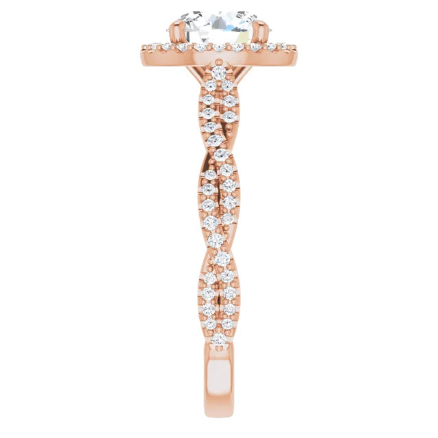 Round Brilliant Rose Gold Halo Twist Pave Moissanite Engagement Ring 