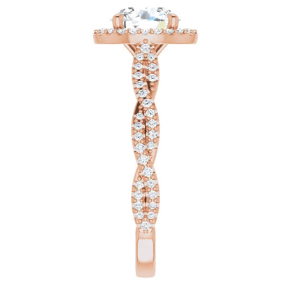 Round Brilliant Rose Gold Halo Twist Pave Moissanite Engagement Ring 