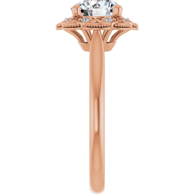 Round Brilliant Rose Gold Antique Inspired Design Engagement Ring