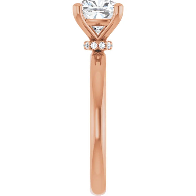 Cushion Cut Rose Gold Low Hidden Halo Solitaire Engagement Ring