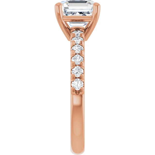 Asscher Four Claw Pave Rose Gold Engagement Ring 