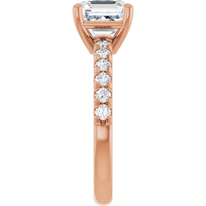 Asscher Four Claw Pave Rose Gold Engagement Ring 