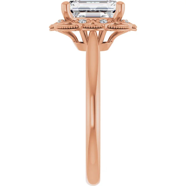 Emerald Rose Gold Antique Inspired Design Engagement Ring