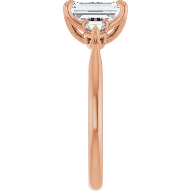 Emerald Rose Gold Tri -Stone Style Pear Accent Engagement Ring