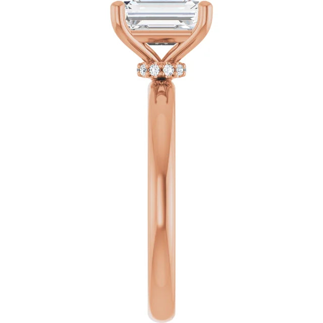 Emerald Cut Rose Gold Low Hidden Halo Solitaire Engagement Ring