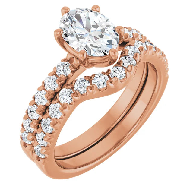 Oval Six Claw Pave Rose Gold Engagement Ring 