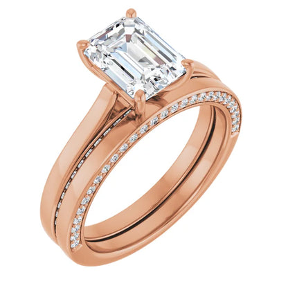 Emerald Rose Gold Solitaire & Hidden Diamond Band Engagement 