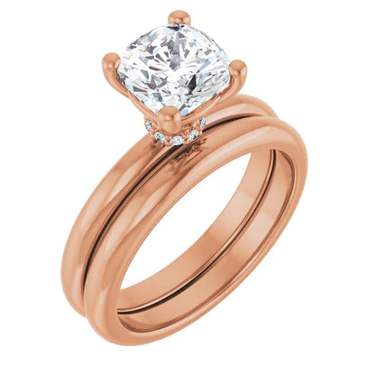 Cushion Cut Rose Gold Low Hidden Halo Solitaire Engagement Ring