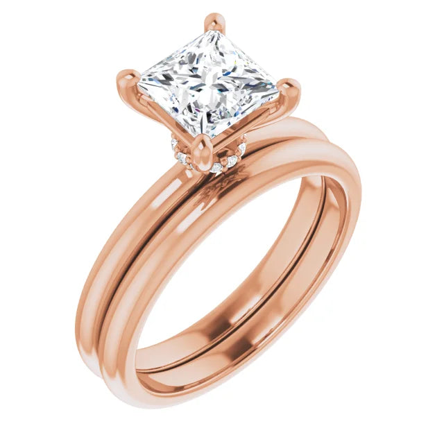 Princess Cut Rose Gold Low Hidden Halo Solitaire Engagement Ring